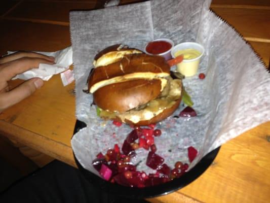 Jalapeno Burger with beets.  Half-way through my husband decided it was too delicious not to share with the Yelp public.