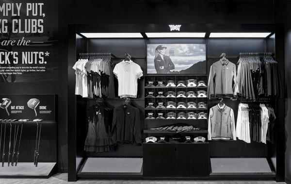 Apparel display wall in the retail space of PXG Chicago.