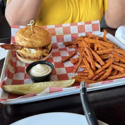 Breakfast Burger and sweet potato fries.