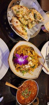 Garlic Nan, Lamb Vindaloo and Spicy Goat Biryani