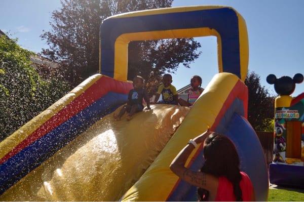 2in1water jumpy & the 13x13 Mickey jumpy in the back. My son & his guests enjoyed them! Too bad I won't be using them again :-(