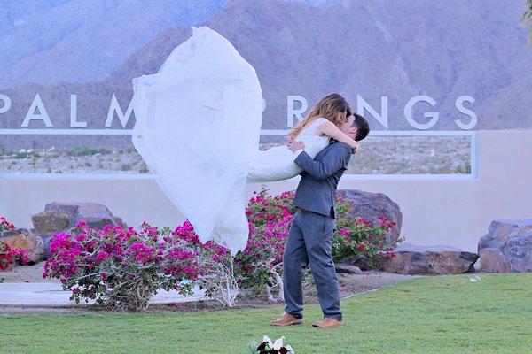 Bride and Groom at the famous Palm Springs sign