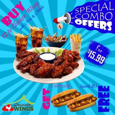 2 Hot Dogs FREE when you buy 12 Pcs. Chicken Wings Combo!!!