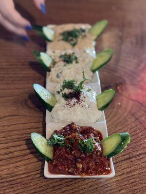 Mixed Appetizer Plate $13.99 Top-bottom: Hummus, Babaganoush, Lebni, Muammara