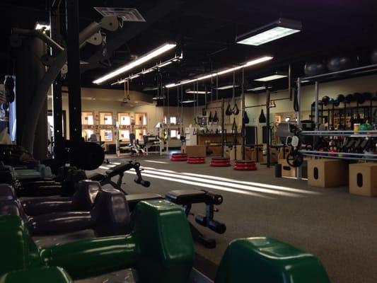 Inside the body shaping center. Dumbells, cables, barbells, cardio and more.