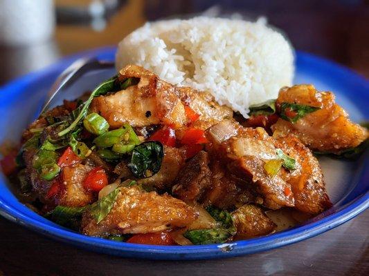 T13. Pad-Kra-Pow Moo-Grop. $15. Stir-fried crispy pork in basil sauce served with jasmine rice.