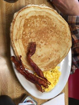 Pancake, egg, and bacon breakfast - very filling