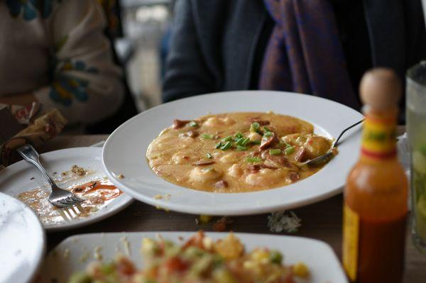 Shrimp and grits-- good but the andouille sausage made the grits too salty. I had to push the sausage bits aside