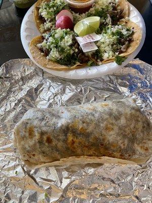 Reg asada burrito and 4 carne asada tacos