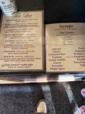 Tea and syrup menu