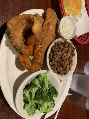 Three pieces of flounder, steamed broccoli, black eyed peas and cornbread $14! Delicious