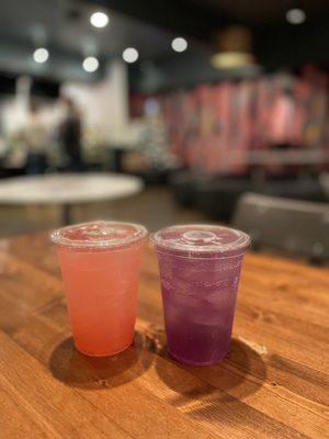 Lychee rose soda and a butterfly pea lemonade soda