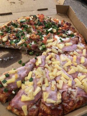 Half Chicken Club and Hawaiian Pizza (L)