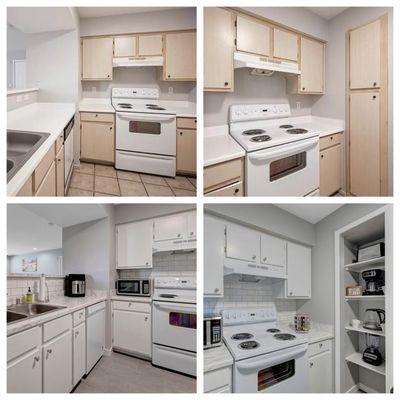 Kitchen: Before & After! New Porcelain Tiles, Custom Shelves, New Appliances, New Countertops, Freshly Painted Cabinets....