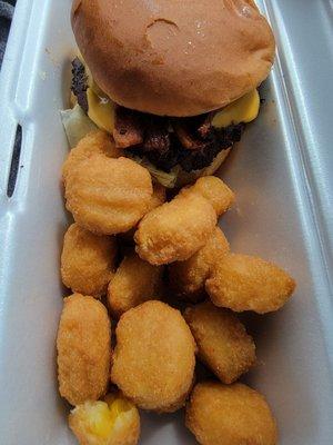 Small bacon cheeseburger with corn nuggets