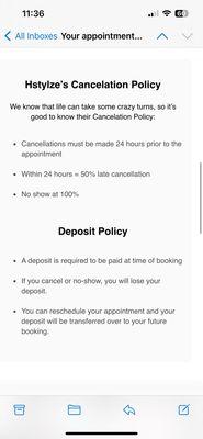 Cancelation policy states 24 hour notice of cancellation