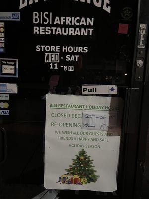 BISI SIGN SHOWING THEY'RE TEMPORARILY CLOSED FOR THE HOLIDAYS, BUT WILL RE-OPEN ON FRIDAY JAN 19, 2024!