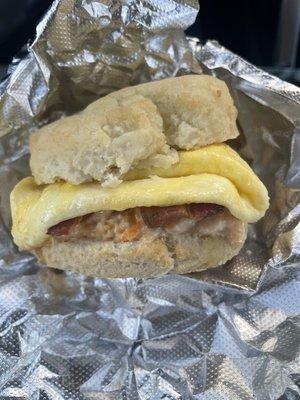 Gluten free biscuit, bacon, egg and pimento cheese