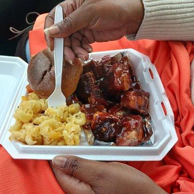 Rib Tip dinner. Mac and cheese included  yams and a dinner roll