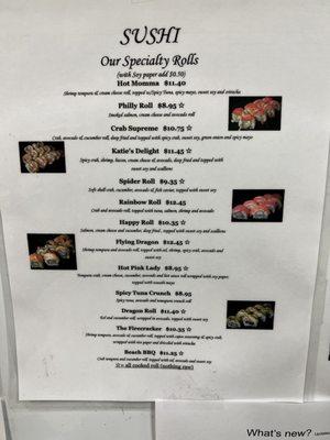 Specialty sushi rolls menu