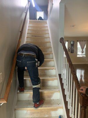 After removing carpet and setting up for hardwood stair installation!