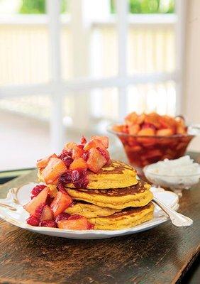 Pumpkin pancakes with apple cranberry compote - breakfast at Wildberry Lodge