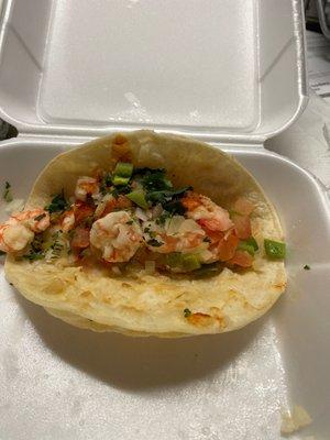 Not a typical taco de camarón. Had never had this type of tacos de camarón. Boiled shrimp.