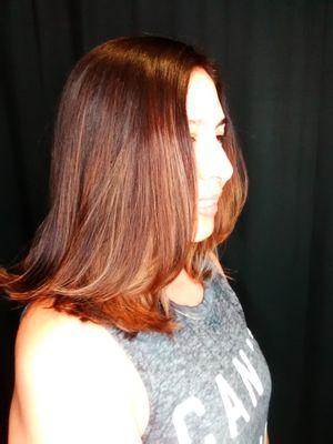 Balayaged this beauty from natural black to chestnut brown, with a smudged root shade and cut a long bob with face framing layers.