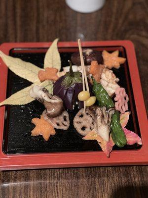 Autumn Drift: Indian eggplant, pinecone squid, vegetables