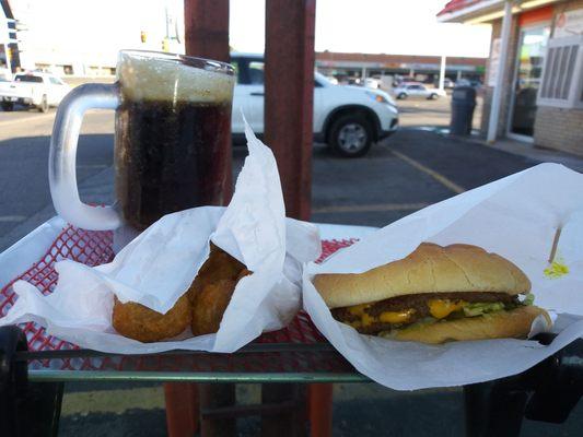 Double double burger, fried mushrooms and a root beer, of course.