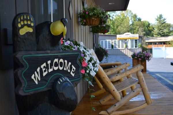 Enjoy our new porch with Stanley our Welcome Bear