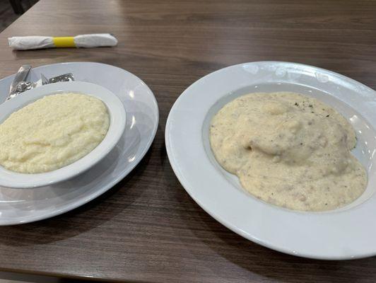 Biscuit with cream gravy and a huge bowl of creamy delicious grits!!!