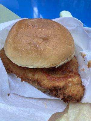 Schnitzel Sandwich: The cook was perfect. I'd go with no ketchup next time with extra mustard and pickles.