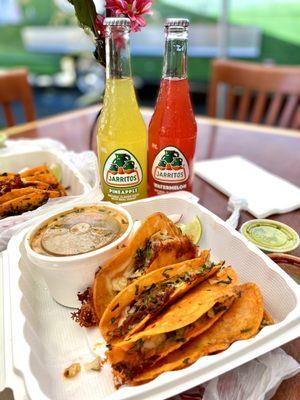 Quesa Birria Tacos, Pineapple Jarritos, Watermelon Jarritos