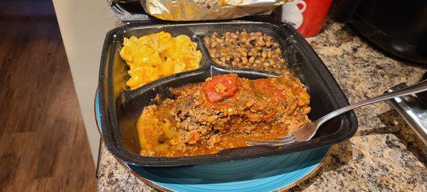 Meatloaf, mac and cheese, black eyed peas