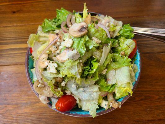 A blend of crisp green leaf lettuce, tomatoes, red onions, mushrooms and gorgonzola cheese.