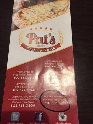 It's Pat's Pizza menu