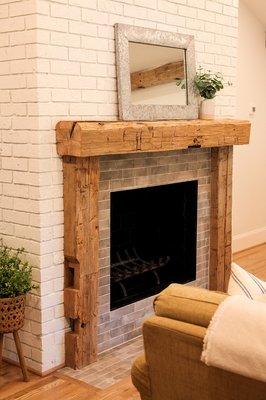 Mantel made from white oak, hand hewn barn beam (notice the mortise pockets)