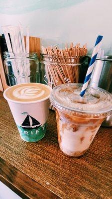 Mocha (left) & iced latte w oat milk & caramel syrup (right)