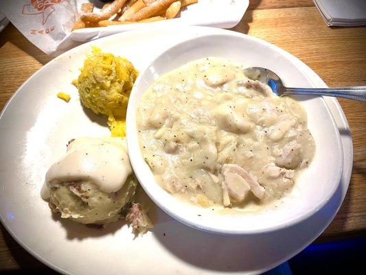 Chicken-N-Dumplings, Garlic Mashed Potatoes with White Gravy, Baked Squash