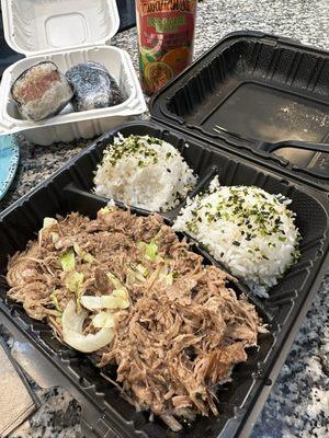 Kalua Pork w/ 2 scoops of rice and 2 spam musubis.