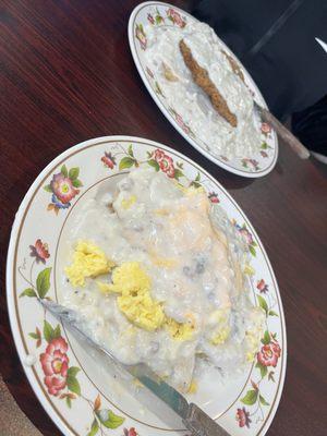 Biscuits and grabby with country fries steak, and stuffed biscuits and gravy with eggs cheese and sausage