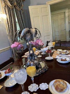 Breakfast table. The presentation and the food is too notch.