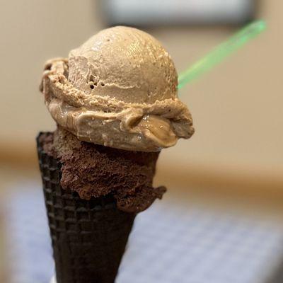 Amaretto and Chocolate gelato on a dark chocolate cone.