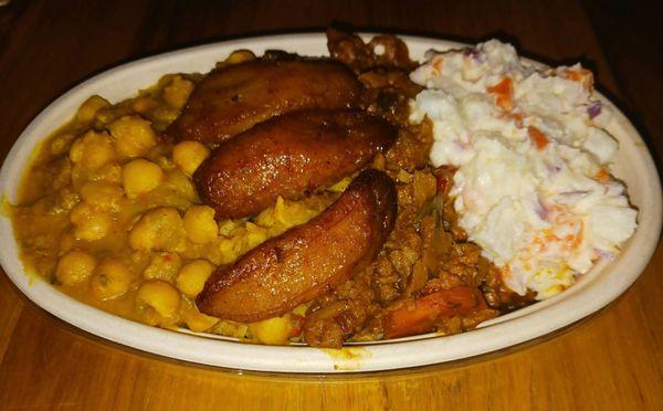 Vegan beef with Sweet Plantains (7) yellow rice, chick peas, and potato salad.