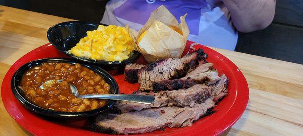 Sliced Brisket, Mac & cheese, baked beans, corn bread. DELICIOUS