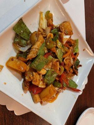 Closeup of the Medium hot Cashew Nuts stir fry entree.