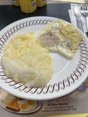 Grits and an egg over medium! Life is good at friendly Waffle House!