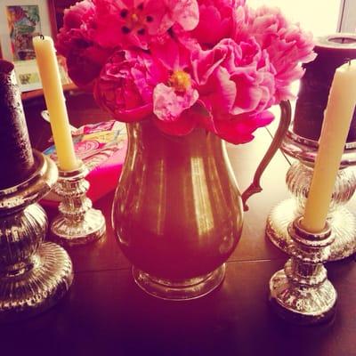 My new silver water pitcher goes excellent with my mercury glass candlesticks