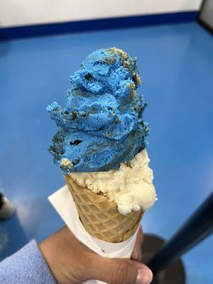 Cookie Monster and butter pecan on a sugared cone